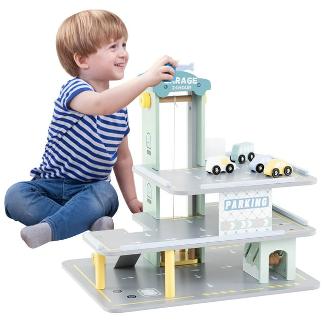 Costway 3-Tier Wooden Garage Playset with Working Elevator Helipad Ramp Car Wash Center