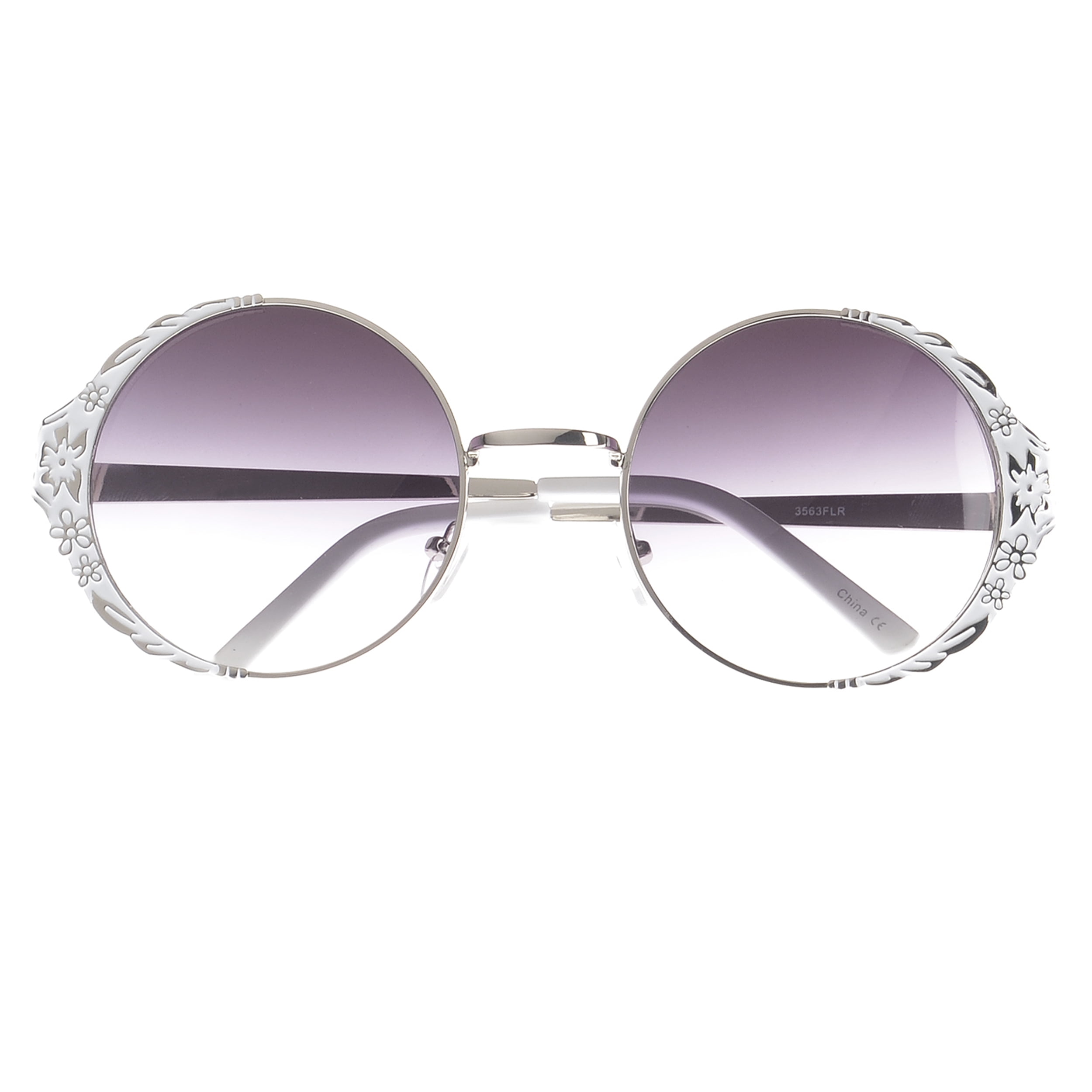 Vintage Inspired Floral Flower Emblemed Round Sunglasses Gradient Lens