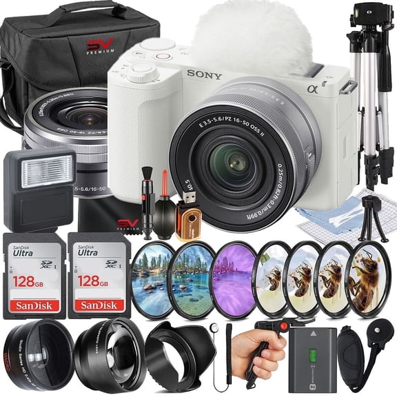 Sony ZV-E10 II Mirrorless Camera (White) with 16-50mm Lens   SanDisk 128GB Memory Card   Pistol Grip Tripod   SV Premium Accessory Bundle