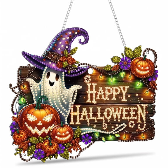Threns Halloween Diamond Art Hanging Kits for Adults Beginners, DIY Acrylic 5D Diamond Gem Art Painting Hanging Ornament for Home Wall Decor and Gift