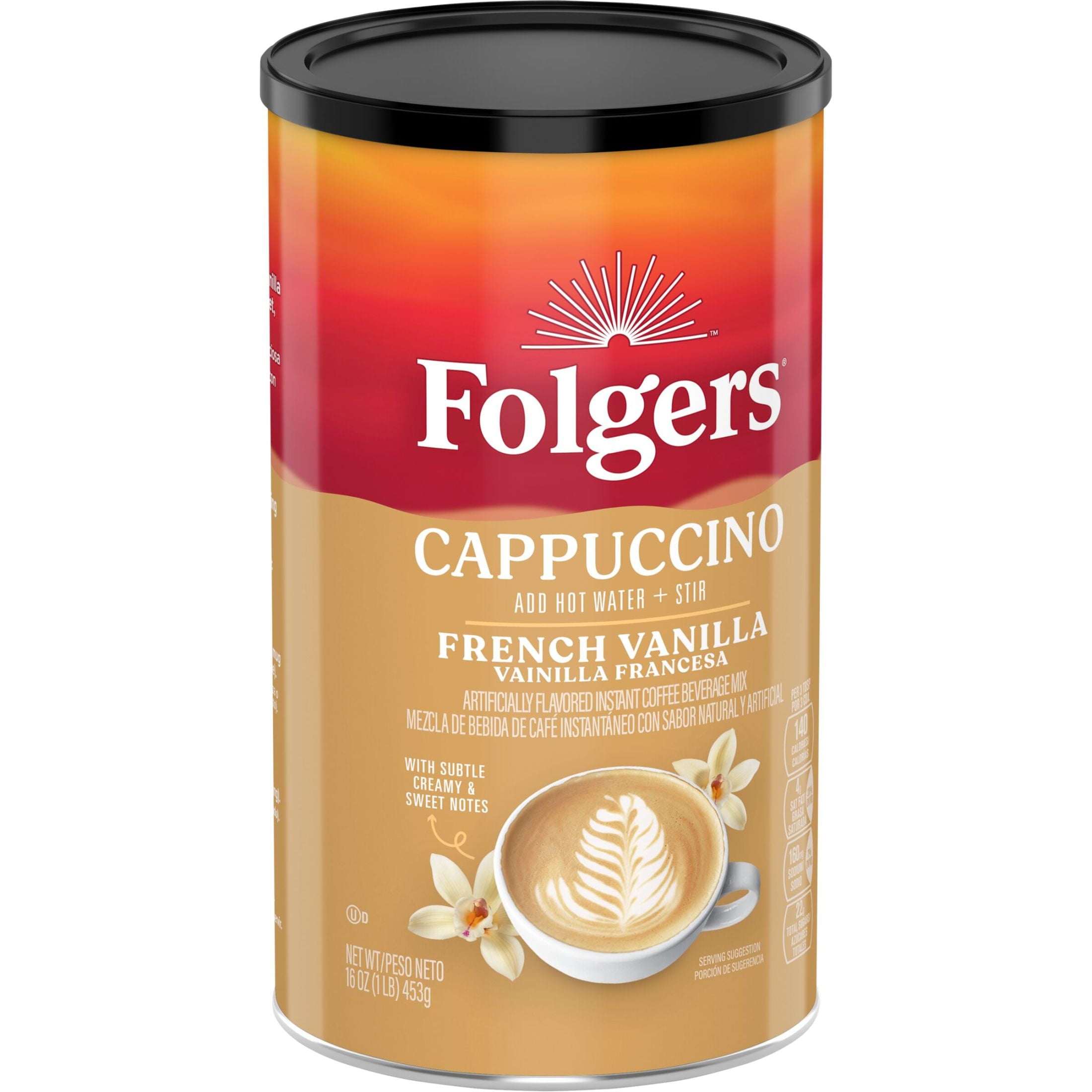 Folgers French Vanilla Flavored Cappuccino Mix, Instant Coffee Beverage, 16 oz Canister