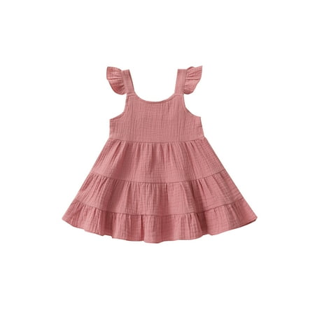 

Suanret Toddlers Kid Girls Casual Ruffled Hem Dress Summer Solid Color U-neck Sleeveless One-piece Skirt Pink 18-24 Months