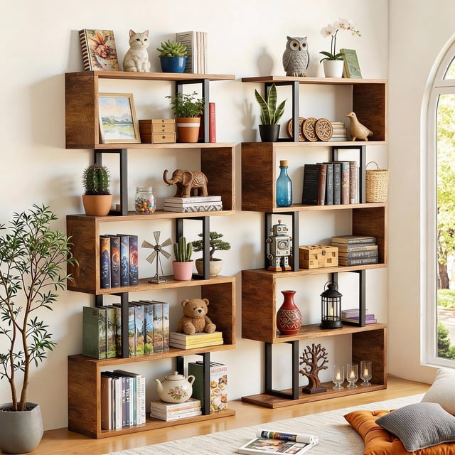 Librero Organizador En S De 6 Niveles, Librero Minimalista, Muebles Para Sala, Recamara, Cuarto y Oficina, 157x60x24CM, Simple y Hermoso, Estilo Industrial Retro, Para Decoración y Almacenamiento