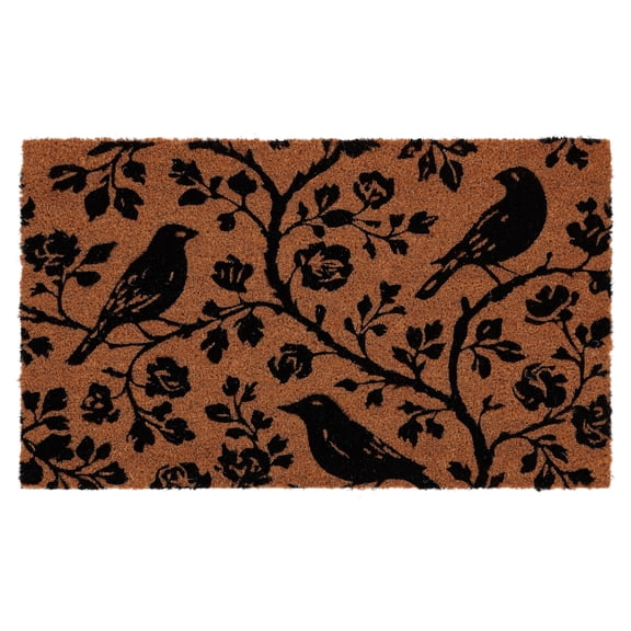 My Texas House Halloween Natural and Black Floral Bird Outdoor Coir Doormat, 18" x 30"