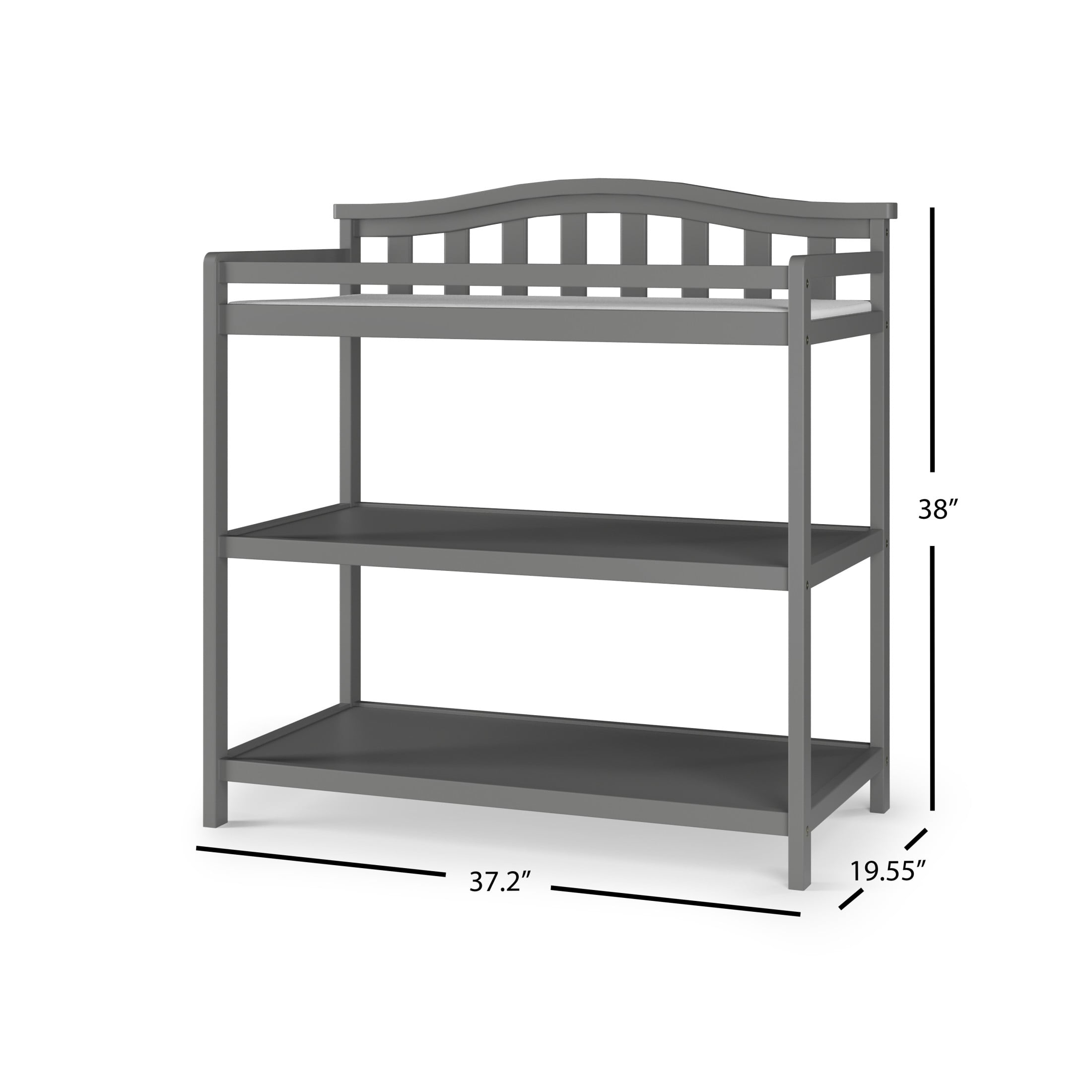 Child Craft Arch Top Changing Table with Pad & Safety Strap, 2 Storage Shelves, Anti-Tip Kit, Cool Gray