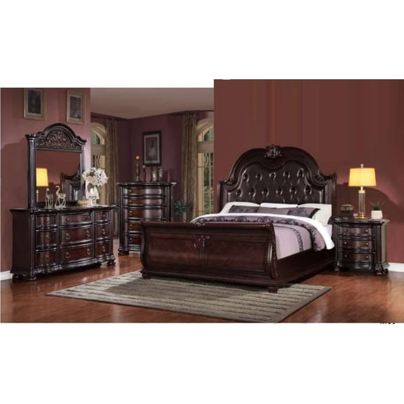 Traditional Bedroom Set 4pc Formal Brown Tufted King Bed Nightstand Dresser Mirror