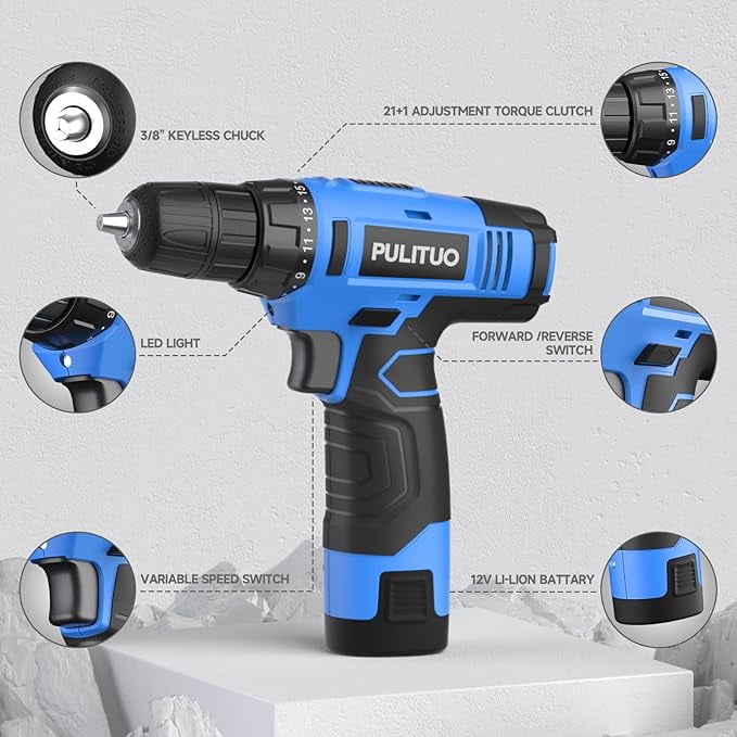 PULITUO 12V Cordless Power Drill Set with Battery and Charger, 3/8" Keyless Chuck, 21+1 Torque Settings, Built-in LED Light, Compact Electric Drill Kit for Home Improvement and DIY Projects(blue)