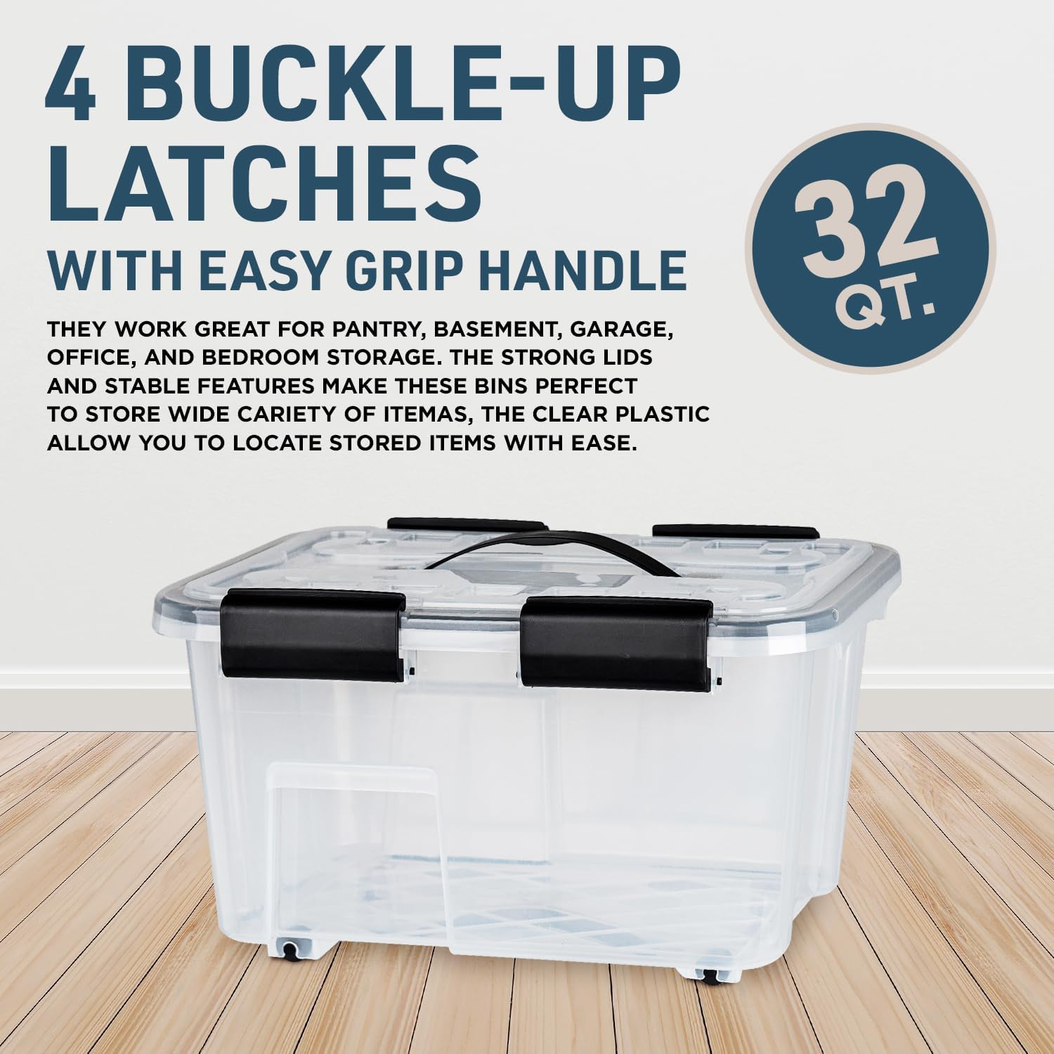 Lifemaster Stackable Storage Box Set - 6 Pieces 32 Quarts Multi-purpose, Space-Efficient Stackable Storage Boxes with Nestable Design, Secure Latches, Easy-Move Wheels & Pull-Out Base - Clear