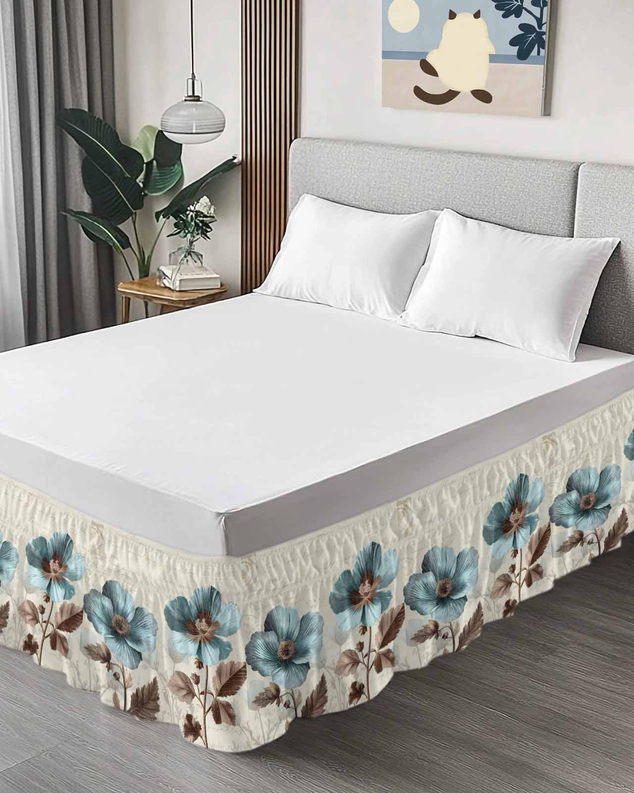 Victorian Style Bed Skirt King Size 18" Drop Blue Retro Poppy Flower Plant Ruffled Wrap Around Bed Skirts Adjustable Elastic Bedskirt Dust Ruffle for King Size Bed