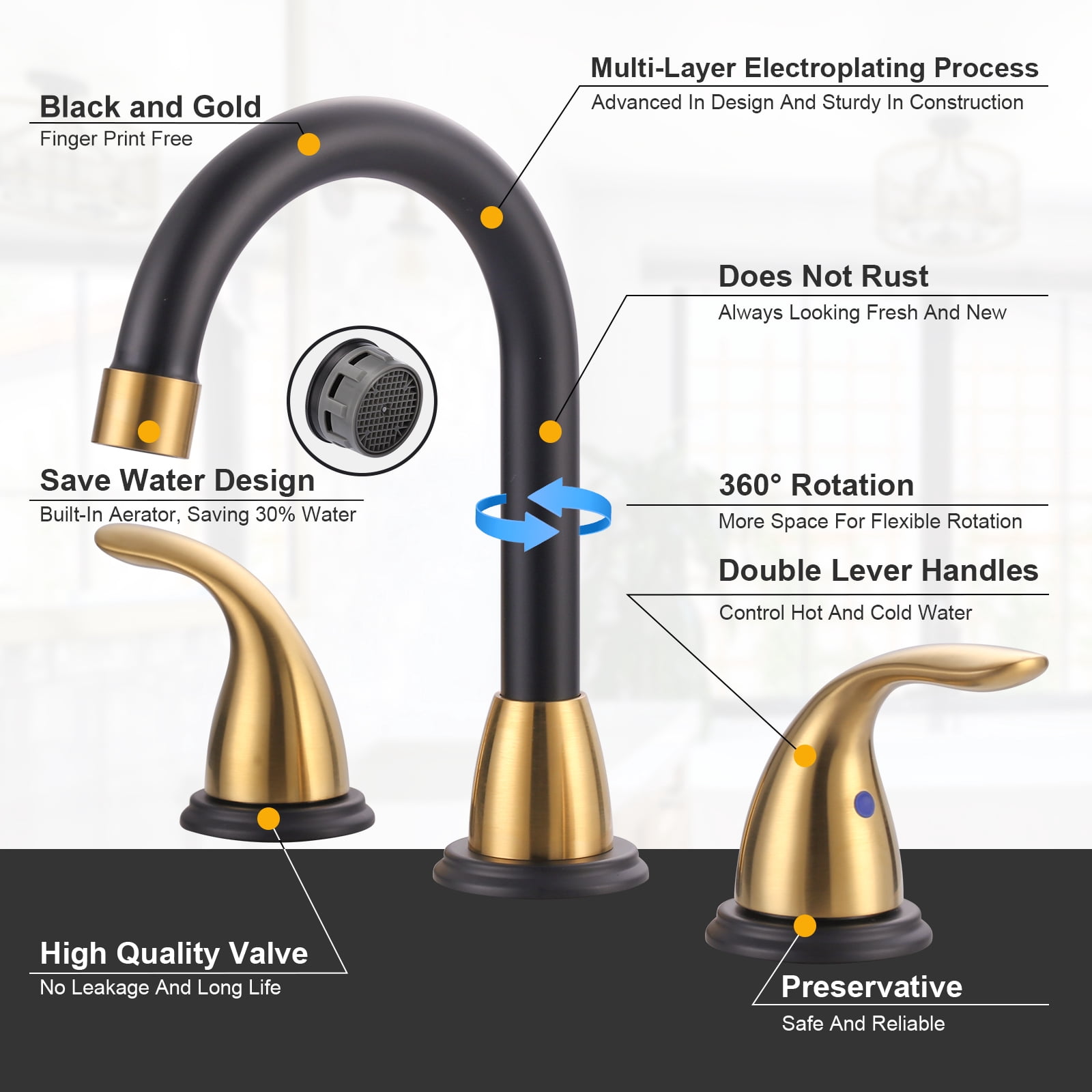 Wowow 2-Handle 6" and 8" Widespread Black and Gold Lavatory Faucet with Supply Hoses & Drain Assembly