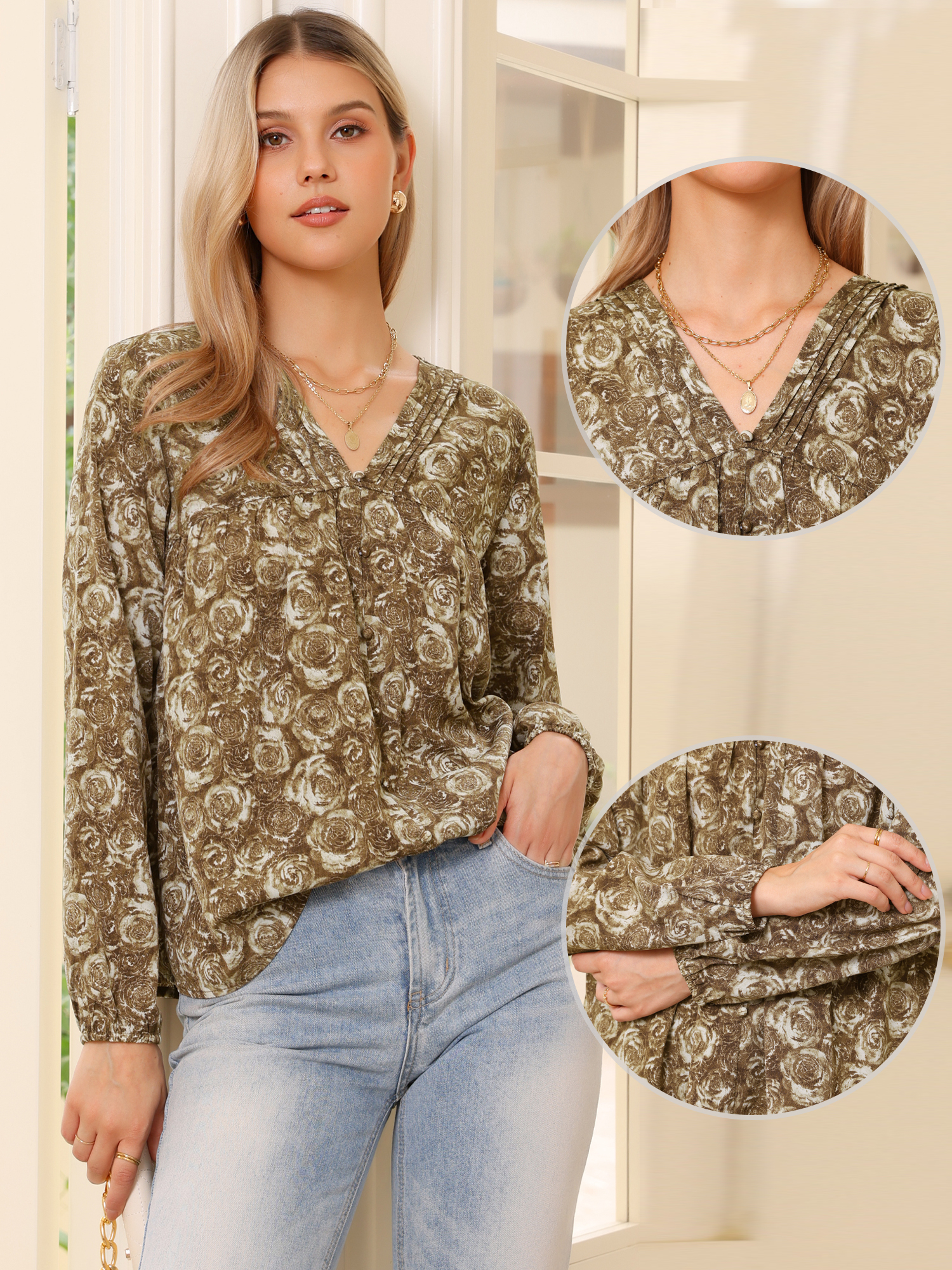 DARING DIVA Women's V Neck Floral Casual Long Sleeve Blouse S Light Brown