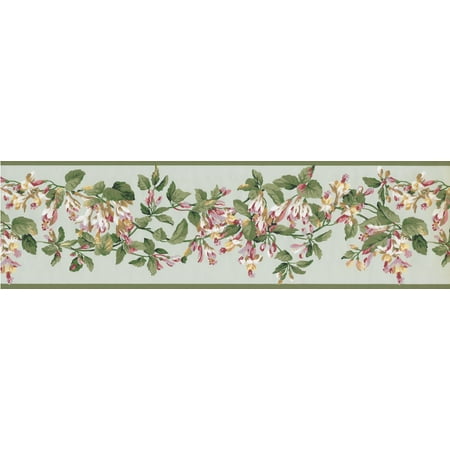 White Red Flowers on Vine Sage Green Floral Wallpaper Border Retro ...