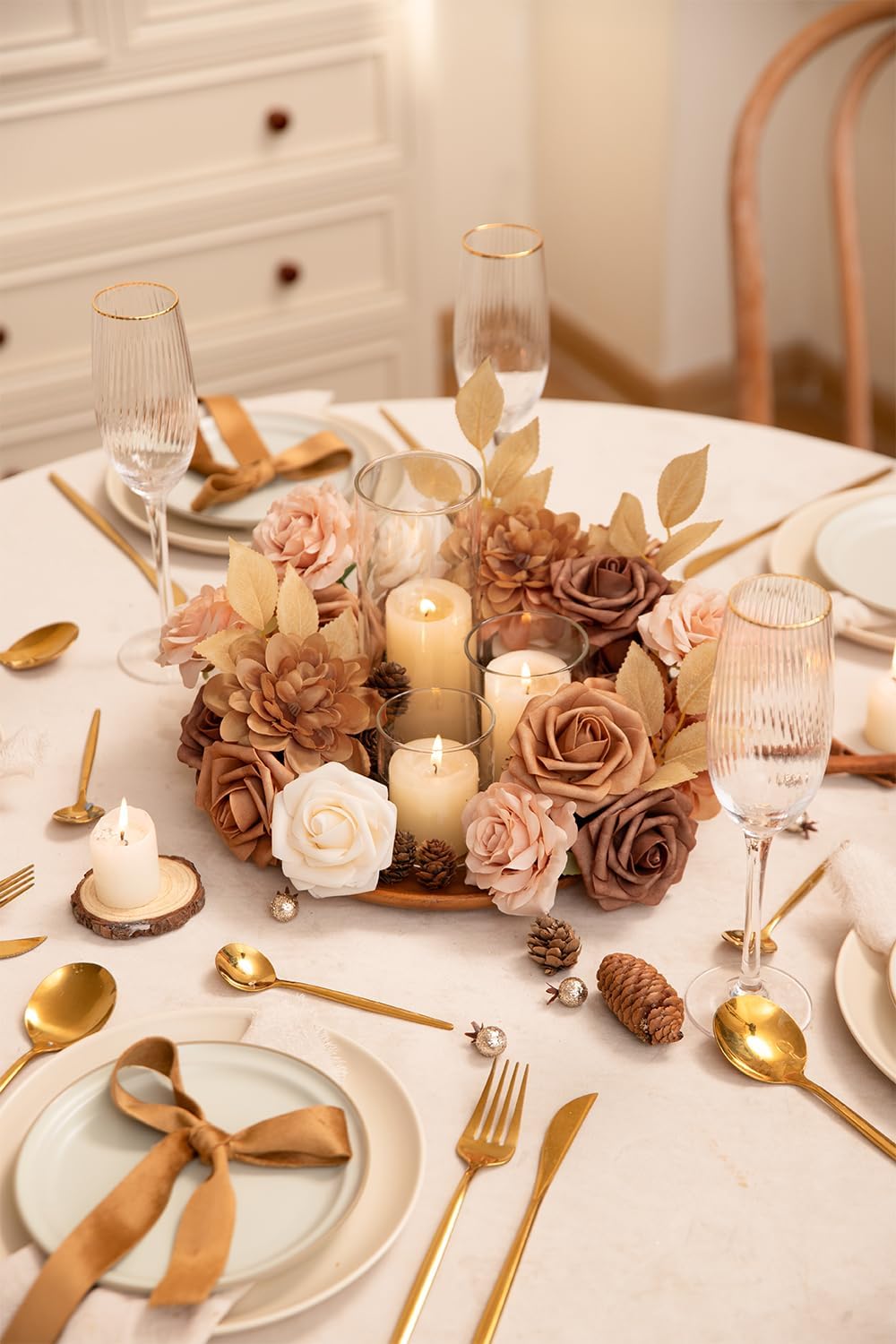 TArtificial Flowers, Fake Rose Silk Dahlia with Stems for DIY Bridal Wedding Bouquets Baby Shower Floral Arrangements Centerpiece Table Party Home Decorations(Dark Milk Tea)