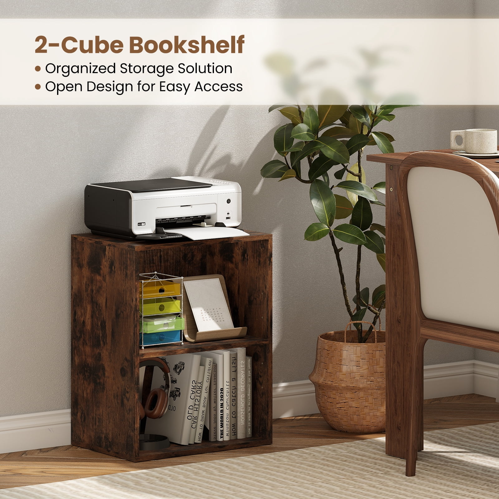 Gymax 2-Cube Bookcase w/ 5-Position Adjustable Shelf Anti-Toppling Kits for Study Rustic Brown