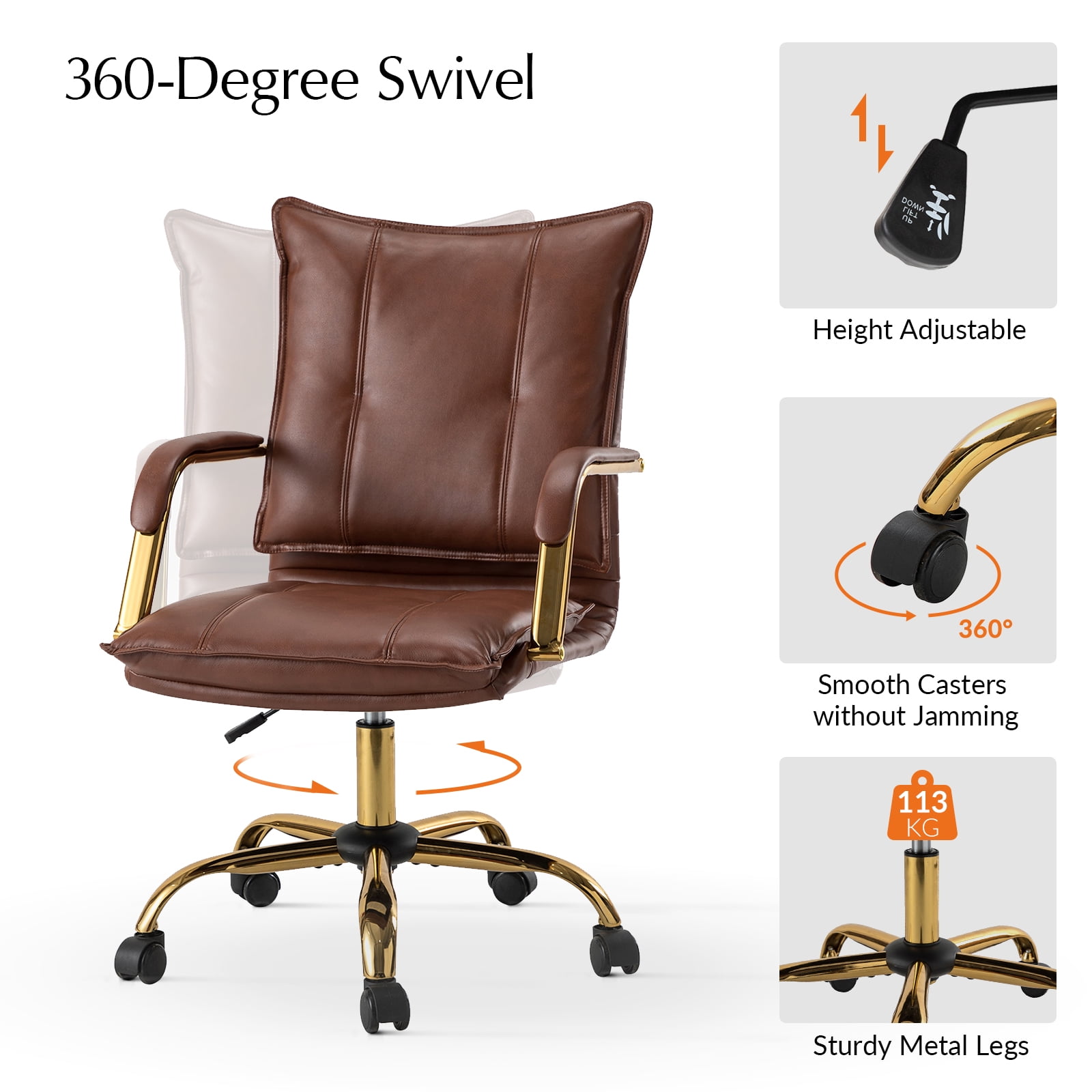 Faux Leather Office Chair Adjustable Swivel Desk Chair with Golden Legs and Arms Upholstered, Brown