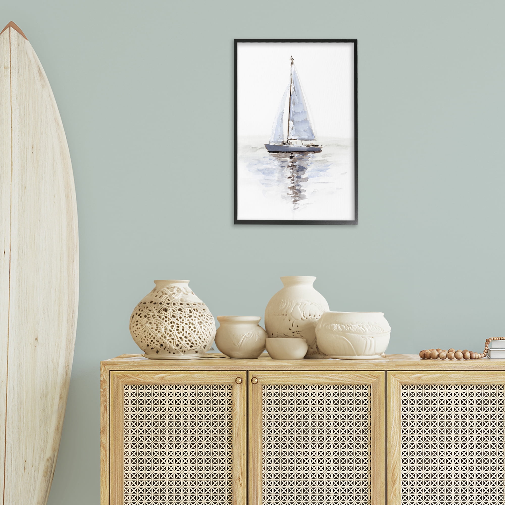 Stupell Industries Minimal Sailboat Reflection Transportation Painting Black Framed Art Print Wall Art, 16 x 24