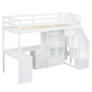 Pinovk Twin Size Loft Bed with L-Shaped Desk and Drawers, Cabinet and Storage Staircase, White