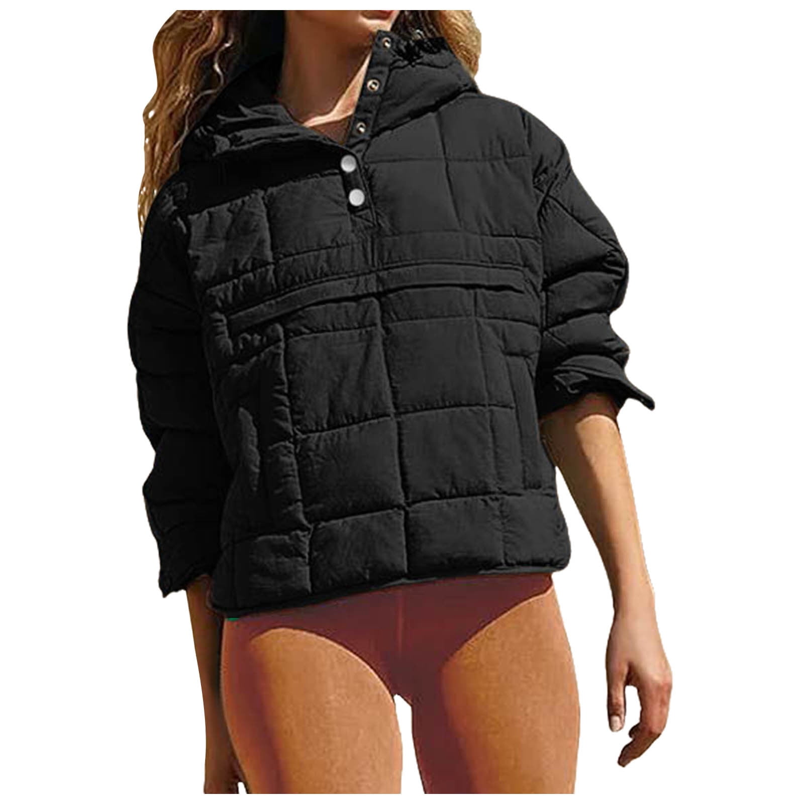 GEWSEY Quilted Puffer Jacket Womens with Hood Packable Pullover Jacket Lightweight Oversized Winter Warm Padded Coats (Black, M)