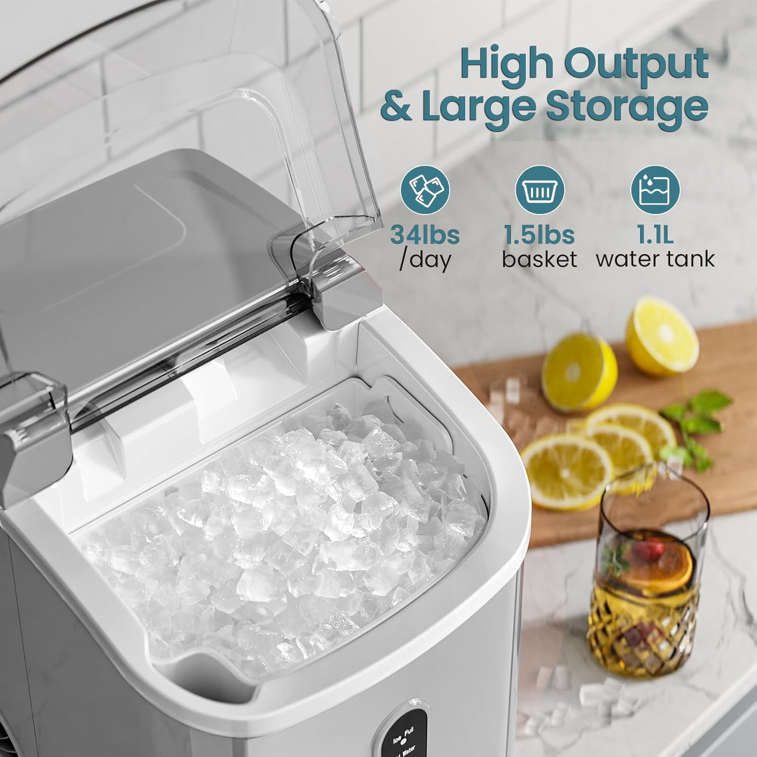 WAA Portable Countertop Ice Maker 34lbs/24H Soft Pellet Ice,Self-Cleaning,One-Click Ice Machine for Kitchen, Bar,RV Office(Grey)
