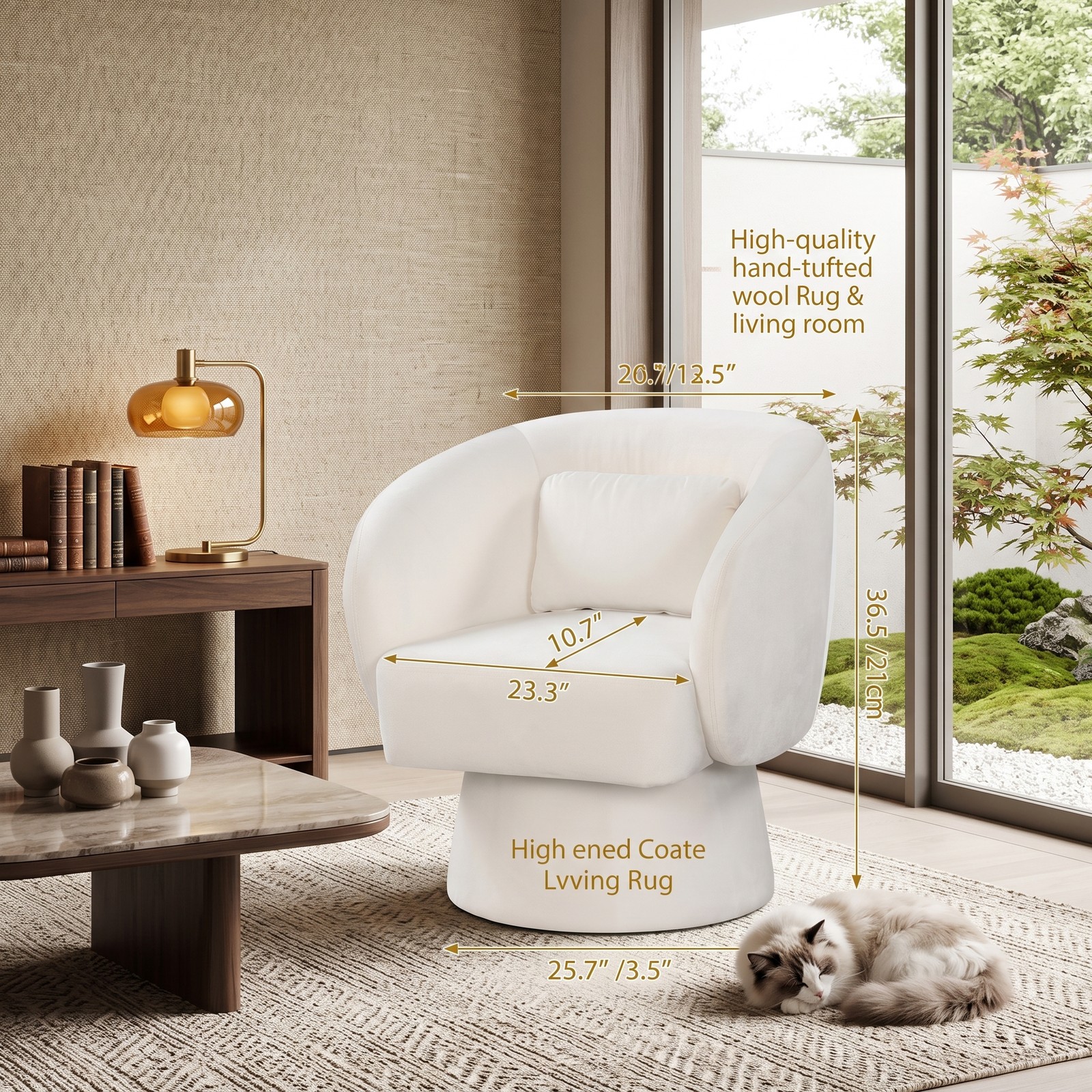 Furnibear Upholstered Barrel Accent Chair, Swivel Curved-Back Chair with Removable Lumbar Pillow and Non-Slip Base for Living Room Bedroom Office, 400 lbs, Beige