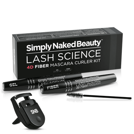 4D Fiber Mascara and Curler Kit by Simply Naked Beauty. Waterproof, lengthening, volumizing, non toxic. Natural - hypoallergenic ingredients, 3D 4D gel and fiber formula. Mini