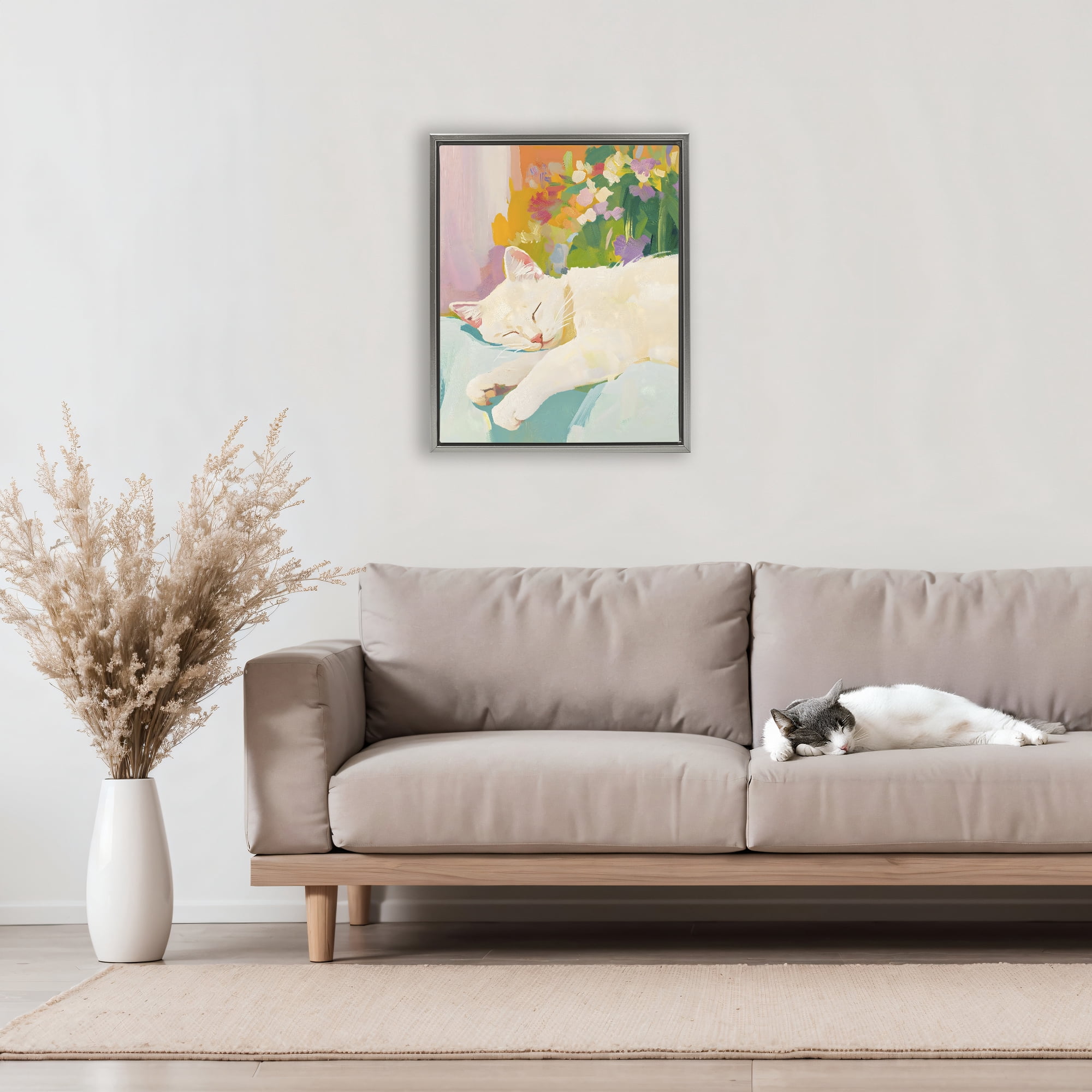 Stupell Industries Sleeping Cat with Flowers Gray Framed Floater Canvas Wall Art, design by The Prints Vibe