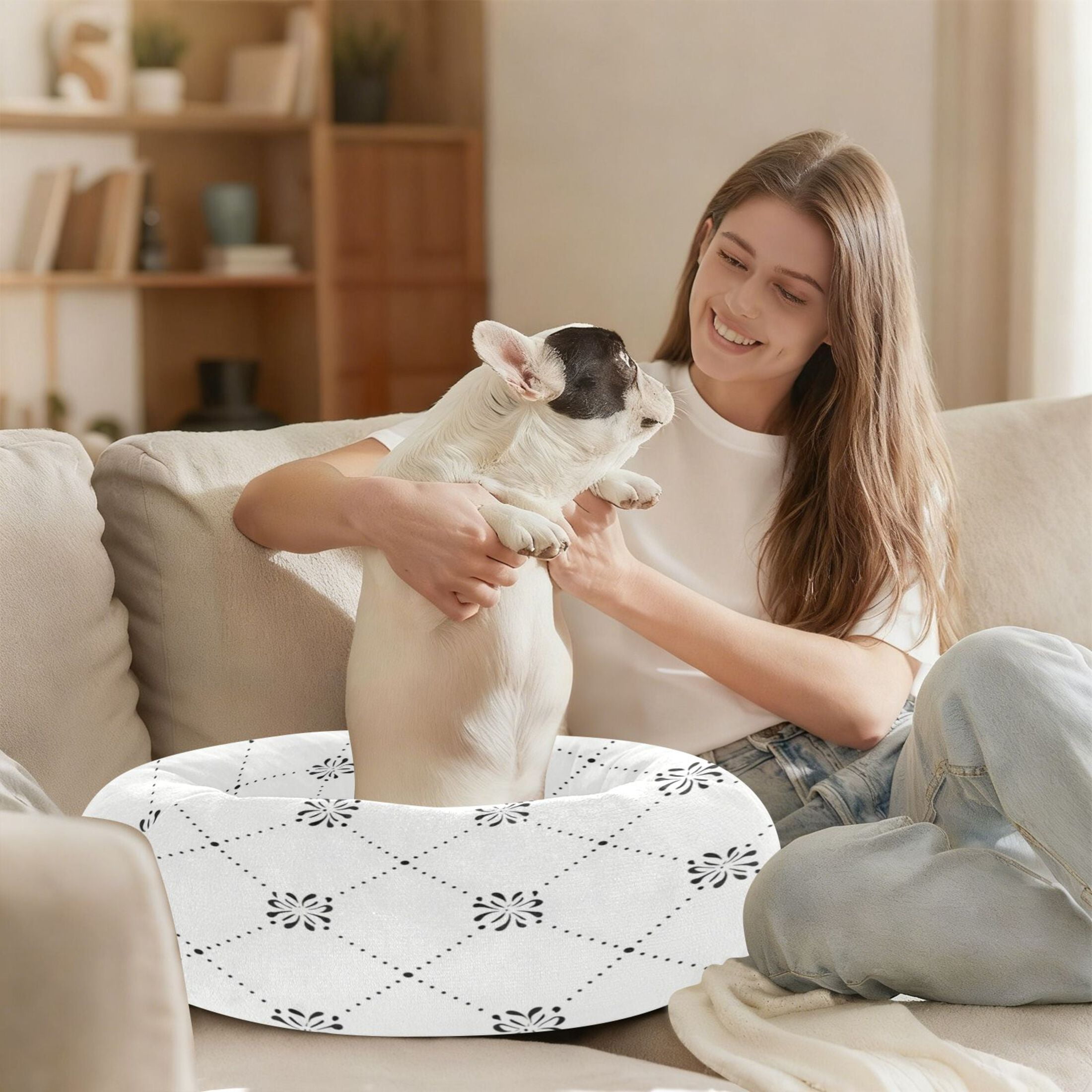 Iauyy Pet Couch Donut Cat Bed for Indoor Cats/Small Dogs Washable & Machine with Non-slip Bottom Calming Cat Furniture, Graceful Flowers (M)