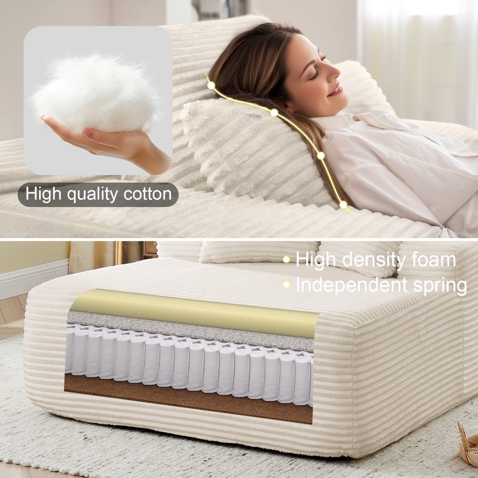 Muumblus 83" Oversized Double Chaise Lounge Chair Indoor, Modern Boneless Plush Corduroy Upholstered Modural Sectional Sleeper Cloud Couch for Living Room Apartment, Beige