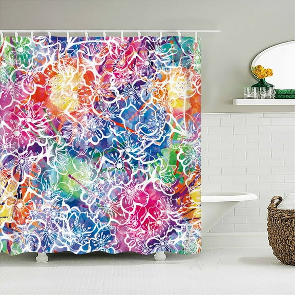 Waterproof Fabric Shower Curtain Colorful Flowers Pattern Printed Shower Curtains With 12 Hooks Multi-size Bath Screen