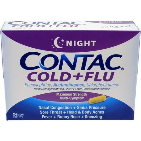 Contac Cold+Flu Day, 24 Night Caplets, Powerful Non-Drowsy Daytime Relief from Cold & Flu Symptoms, Nasal Decongestant, Pain Reducer, Contains (1) box of (24).., By