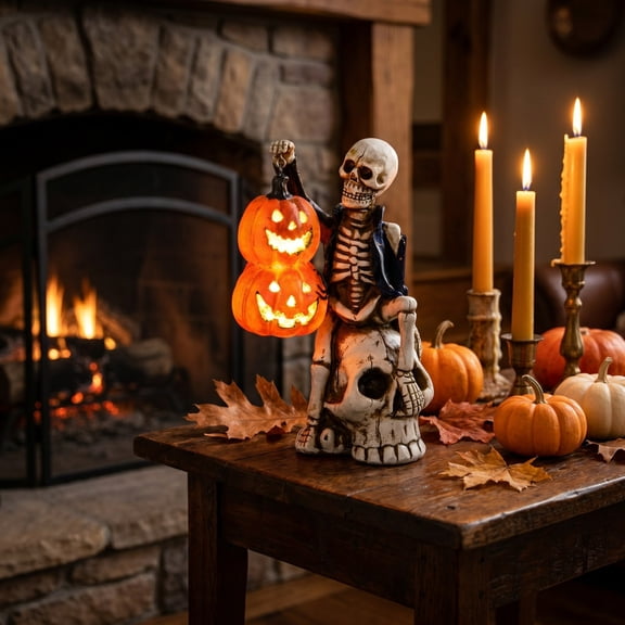 Clearance! Halloween Skeleton Figurine with Light Up Double Pumpkin, Resin Skull Sitting Skeleton Statue, Spooky Tabletop Decor for Home, Fireplace, Mantel, Shelf