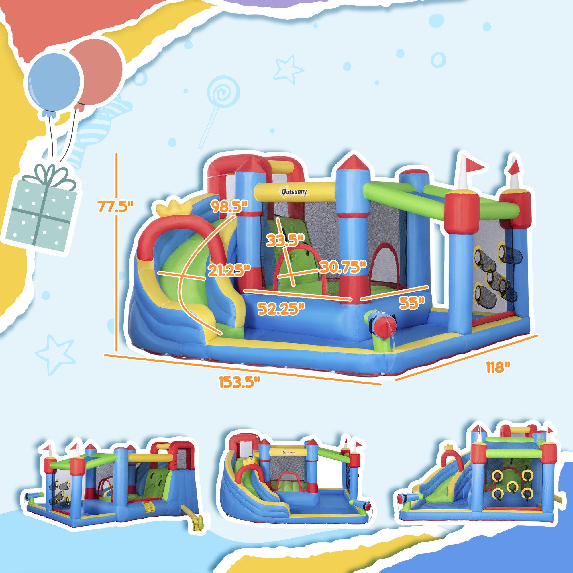 Kids Outdoor Toys, 6-in-1 Inflatable Bounce House with Slide, Climbing Wall, Water Cannon, and More, Inflatable Water Slide for Kids with 2 Min. Inflation with Inflator, Outdoor Play Equipment