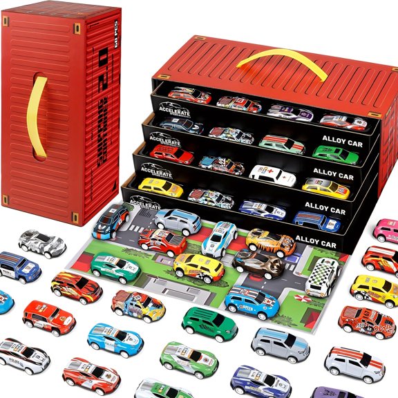 60 pieces small car set, alloy racing car toys, bulk intelligence truck toy car set, children's toys small car ,tin car container toy gift box set boys simulation car car model parking lot