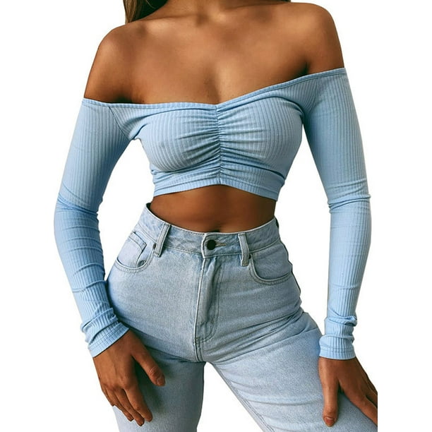 TRKIYQC, Top corto con hombros descubiertos, camiseta de manga larga de verano para mujer, camiseta con cuello de pico, camiseta elegante para fiesta y discoteca, ropa de calle para mujer TRKIYQC moderno