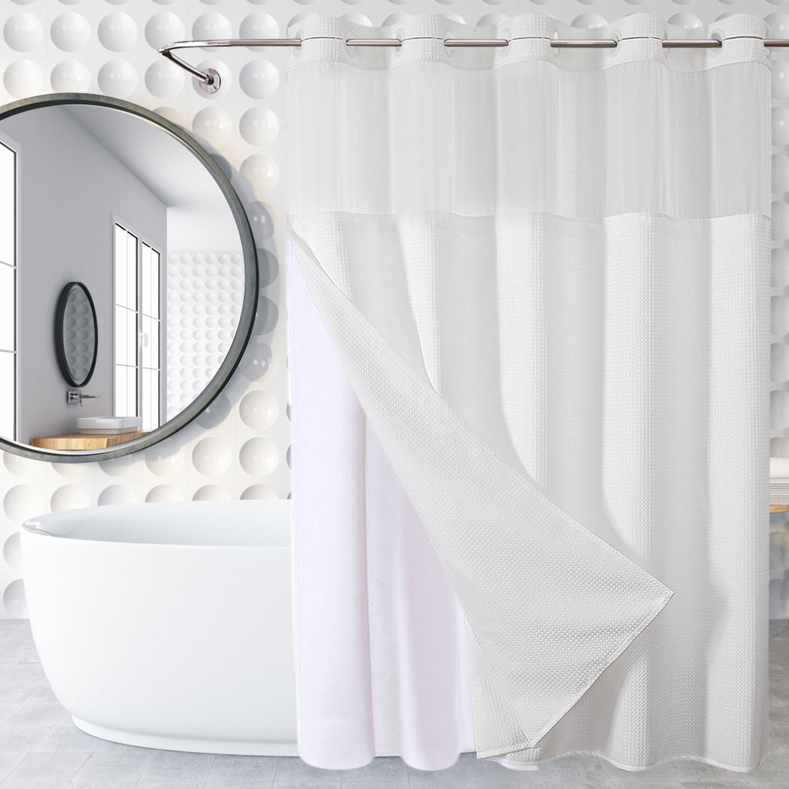 Waffle Weave Heavy Duty Shower Curtains, No Hook Shower Curtain with Snap in Fabric Liner, Hotel Style Waterproof Bathroom Curtain Set, 72 x 63 Inch