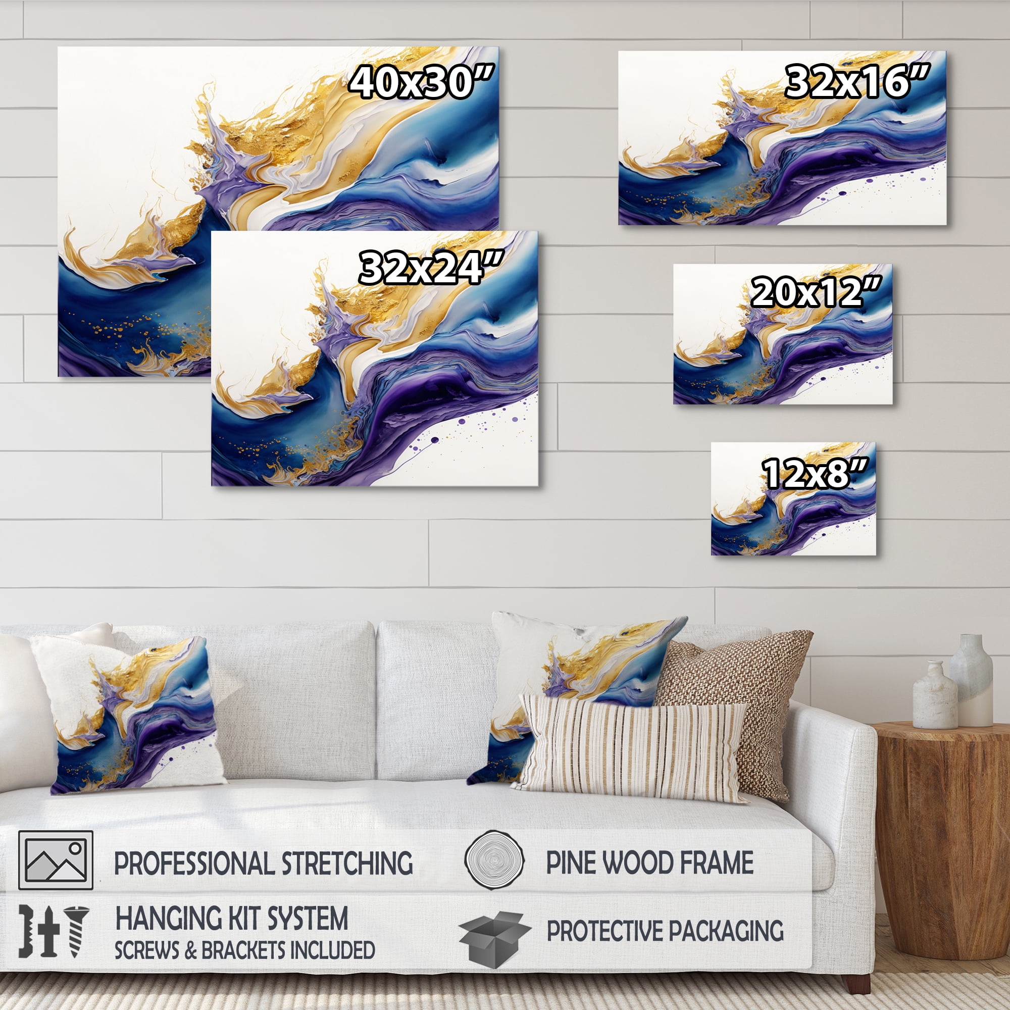 Designart Blue, Gold And Purple Splash Paint V Canvas Wall Art
