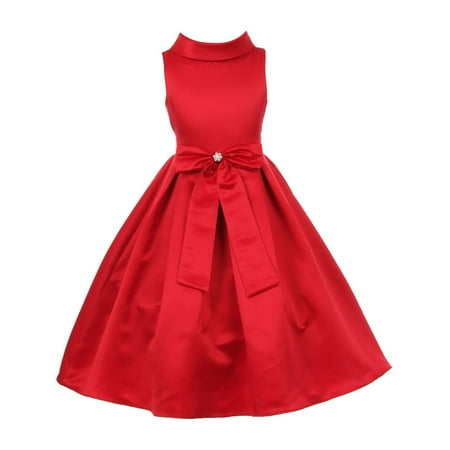 Little Girls Red Bridal Dull Satin Bow Rhinestone Flower Christmas Dress 4