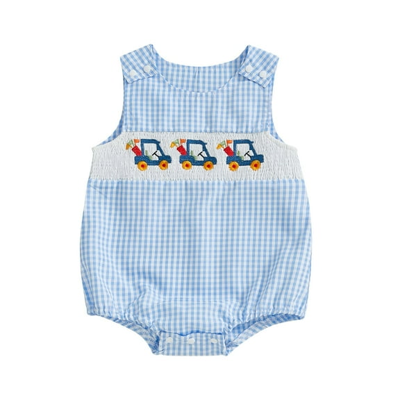 Baby Romper Cute Truck Embroidery Blue Plaid Summer Rompers Sleeveless Preemie Clothes Girl Girl Clothing 3-6 Months Baby Girls Clothes