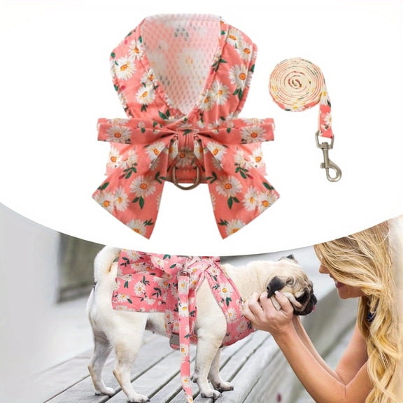 Pet Harness Set for Small Dogs, Pink Floral Daisy Harness and Leash | Comfortable & Secure No-Pull Vest for Girl Puppies and Cats