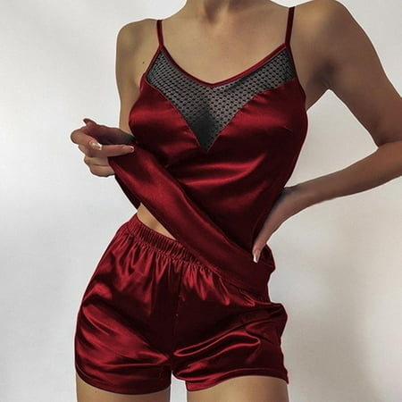 MRULIC intimates for women Nightwear Up Lace Sleepwear Silk Pajamas Set Women Babydoll SexyLingerie Satin Red + XL