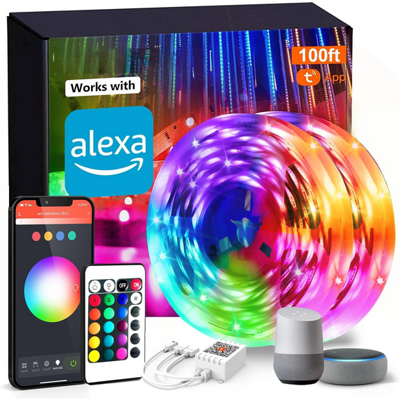 Smart WiFi Led Lights 100ft, Tuya App Controlled Led Strip Lights, Work with Alexa and Google Assistant, Timer Schedule, Color Changing Led Lights for Bedroom Party Kitchen
