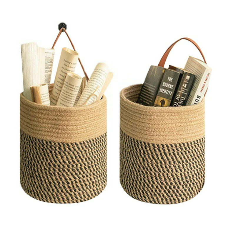 HOTWINTER Wall Hanging Cotton Storage Baskets, Small Rope Baskets with  Leather Handle Door Closet Organizer Woven Baskets for Keys, Wallet,  Plants