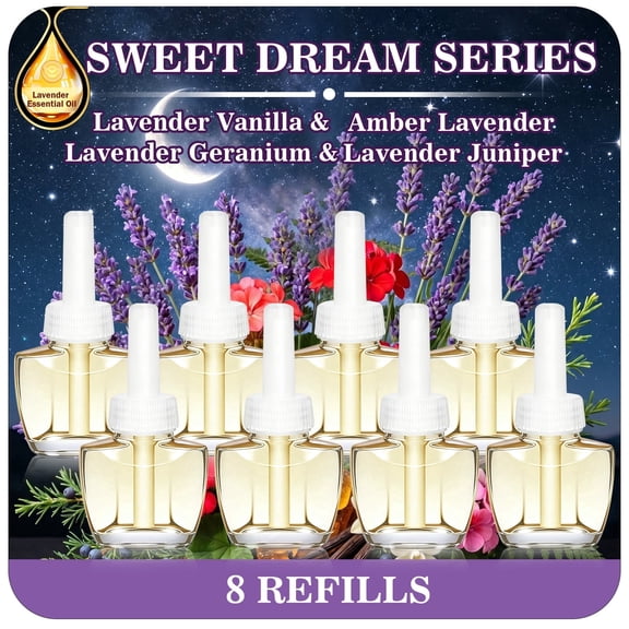Plug-In Air Freshener Refills 8 Pack, Infused Lavender Essential Oil with Amber, Vanilla, Juniper, Geranium, Soothing Home & Bedroom Fragrance, Fits Air Wick Glade