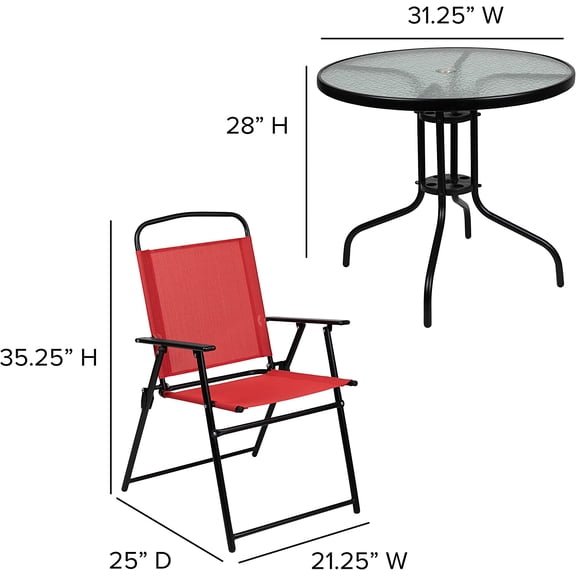 Nantucket 6 Piece Red  Garden Set with Table, Umbrella and 4 Folding Chairs
