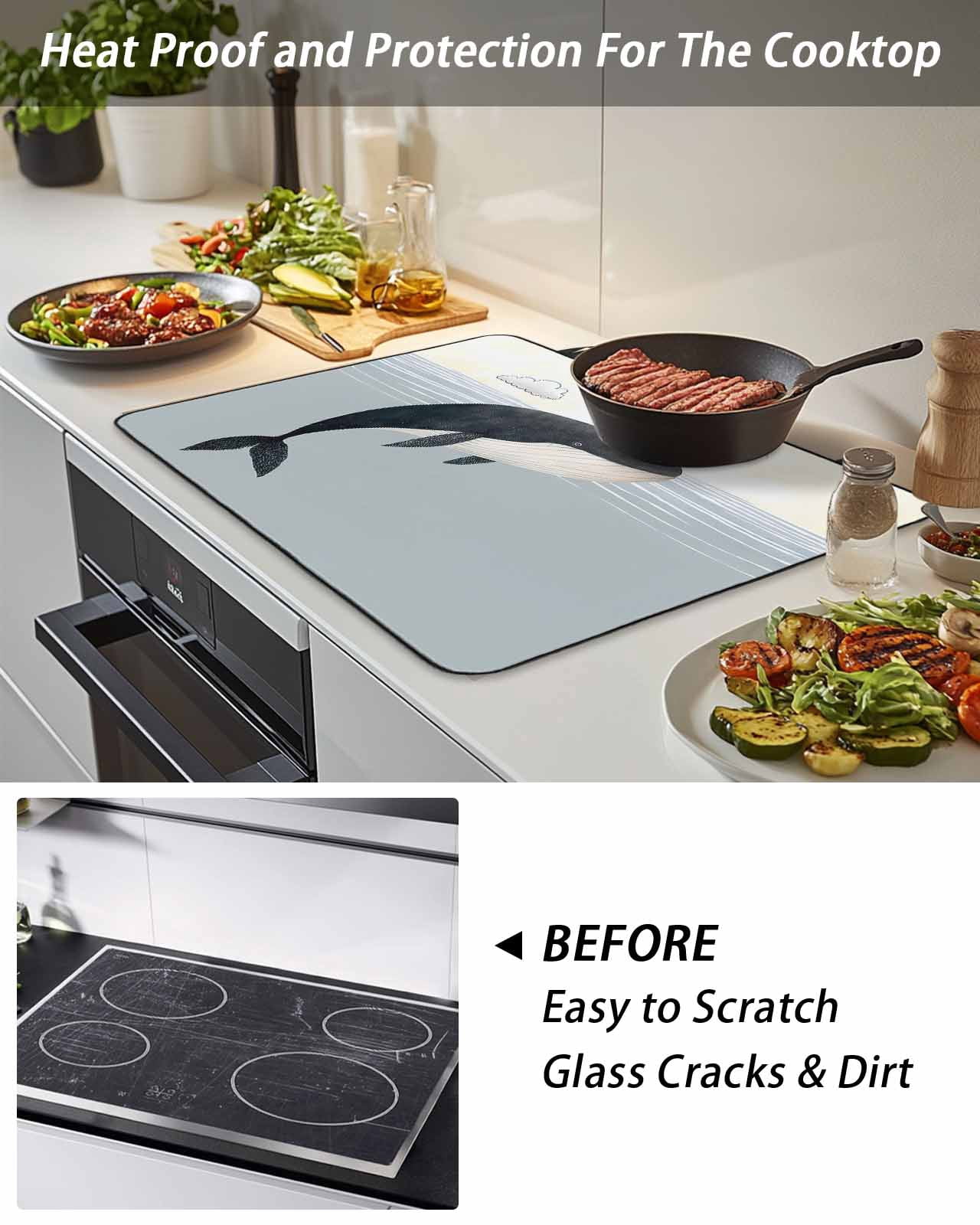 Stove Top Covers for Electric Stove, Whale Glass Stovetop Cover Protector, Ocean Coastal Fish Aqua Beach Orange Sky Induction Cooktop Protector Oven Mat for Kitchen Countertop 24"x21"