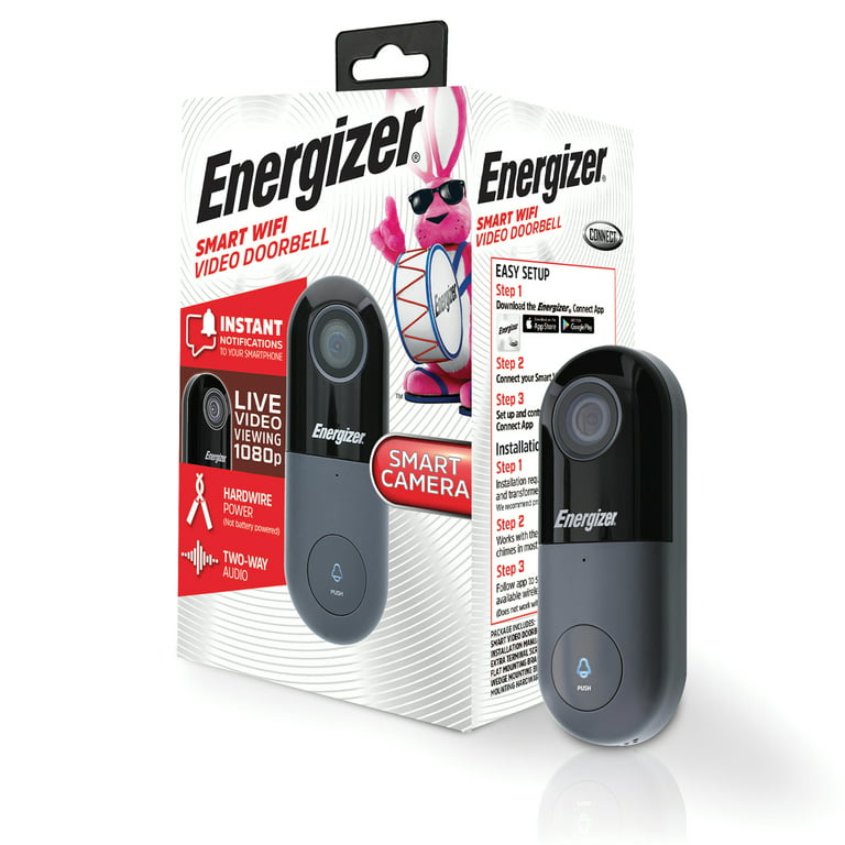 Energizer Connect EOX1-1002-BLK Smart 1080p Outdoor Camera (Black),  EOD1-1002-SIL Wired Smart Video Doorbell, EMX4-1001-WHT Smart Motion Sensor  With Plug & EDW4-1001-WHT Smart Door/Window Sensor 