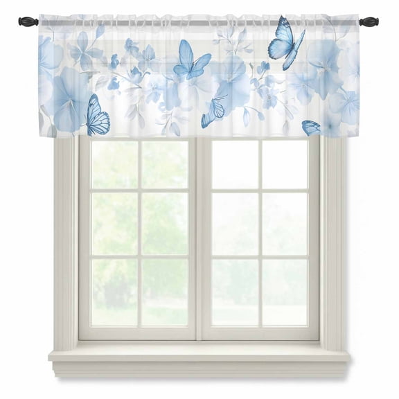 Blue Butterfly Valance Curtains for Kitchen/Living Room/Bathroom/Bedroom Window, Rod Pocket Small Topper Half Short Window Curtains Voile Sheer Scarf, Watercolor Botanical Spring Summer 54"x18"