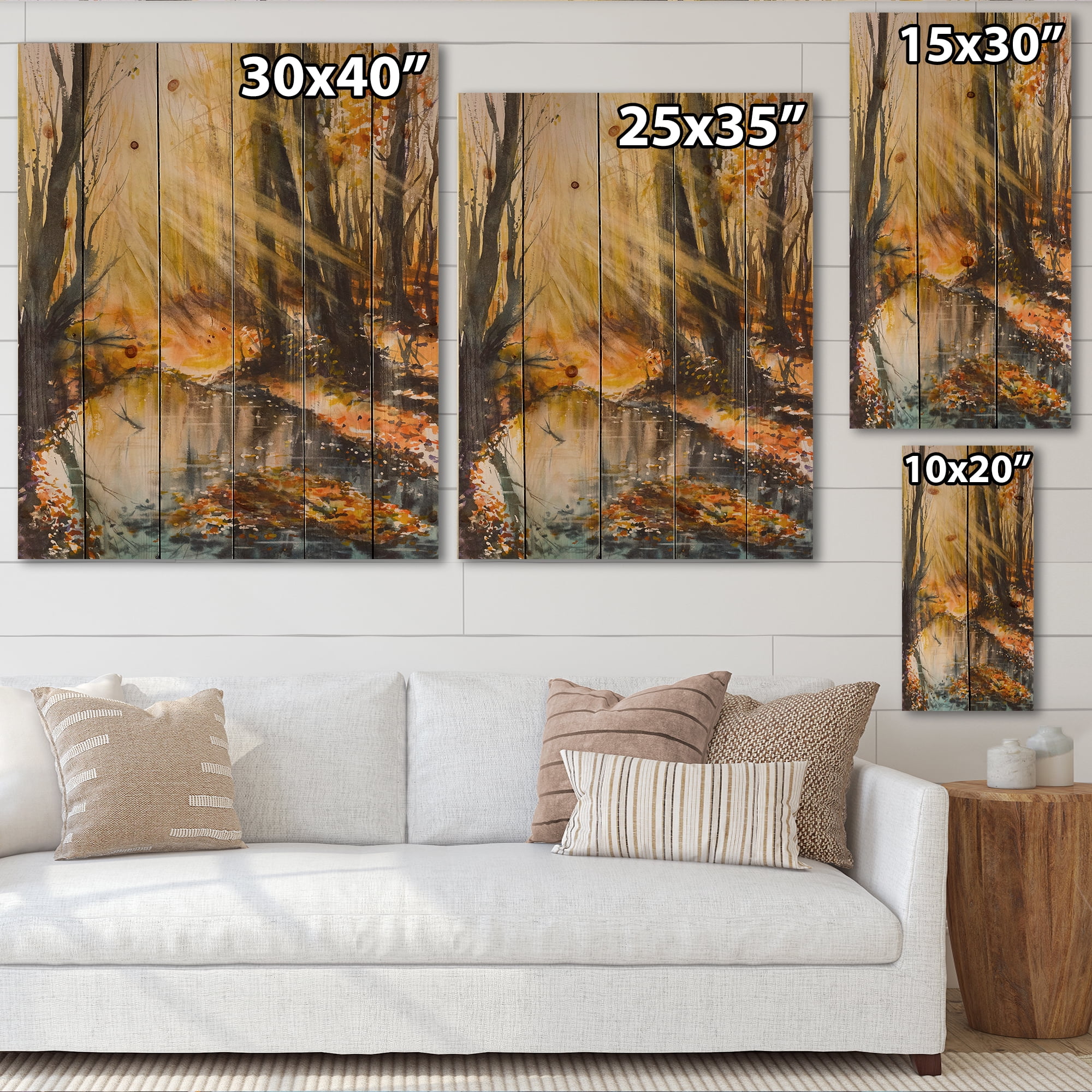 Designart 'Bright Sunshine Through The Brown Forest Trees' Lake House Print on Natural Pine Wood