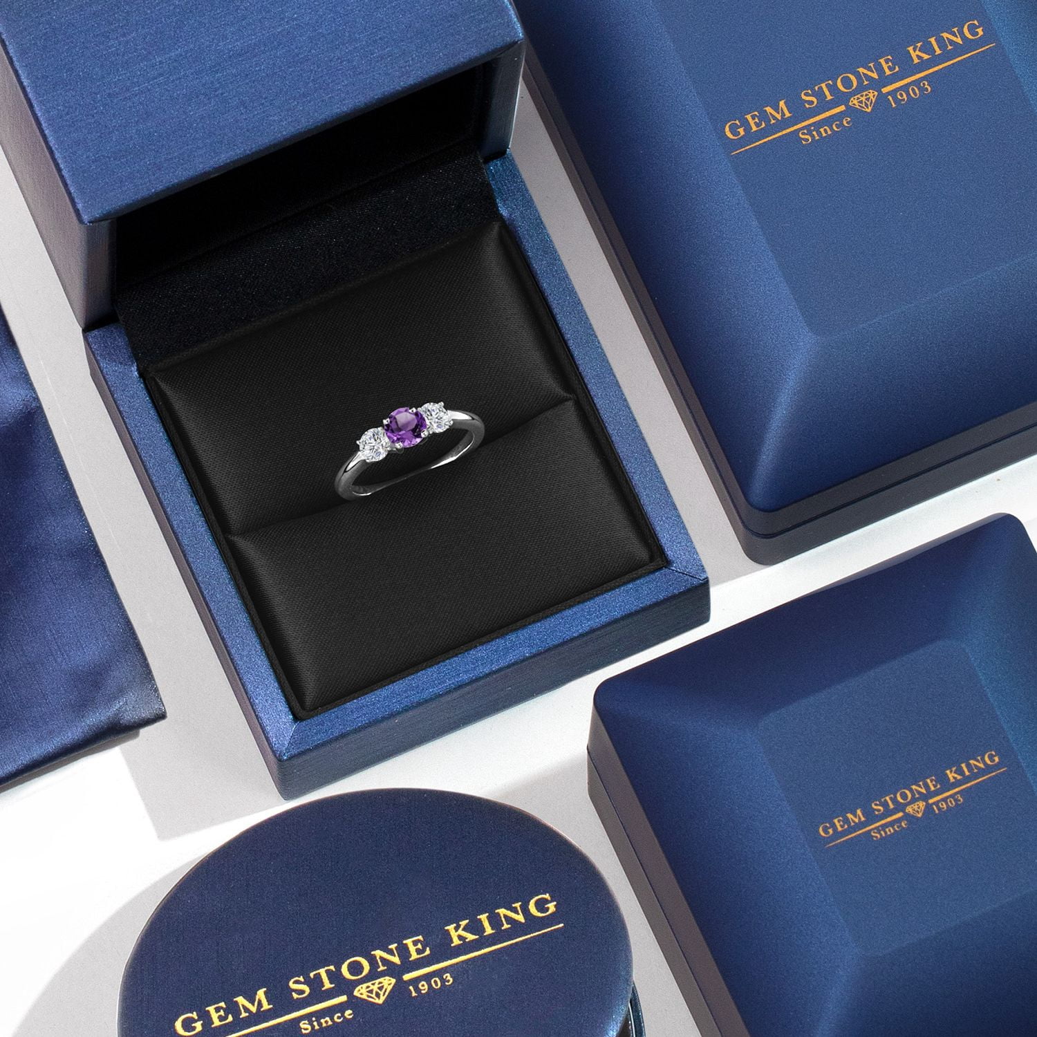 Gem Stone King 925 Sterling Silver Purple Amethyst and Lab Grown Diamond 3-Stone Engagement Ring for Women | 1.02 Cttw | Round 5MM | Gemstone February Birthstone (Size 8)