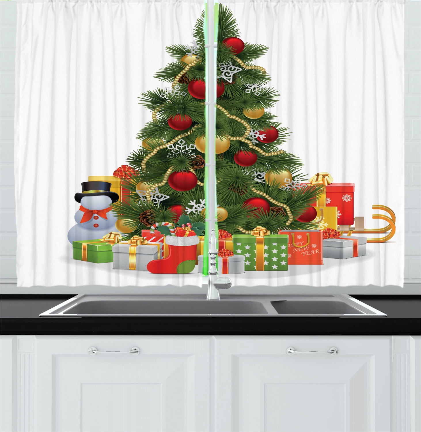 Christmas Curtains 2 Panels Set, Xmas Tree with Vivid Balls and